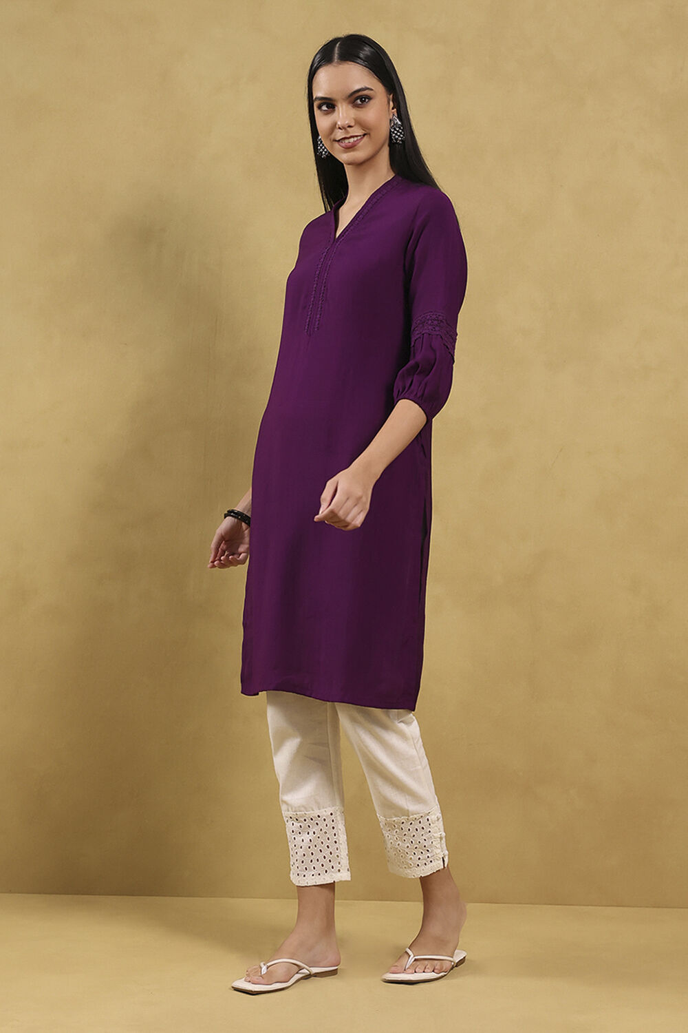 Purple Solid Straight Kurta image number 4