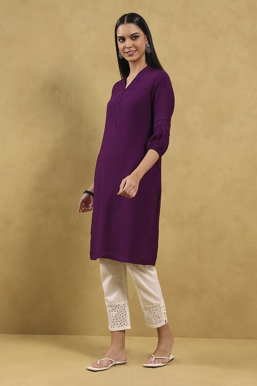 Purple Viscose Blend Solid Straight Kurta image number 5