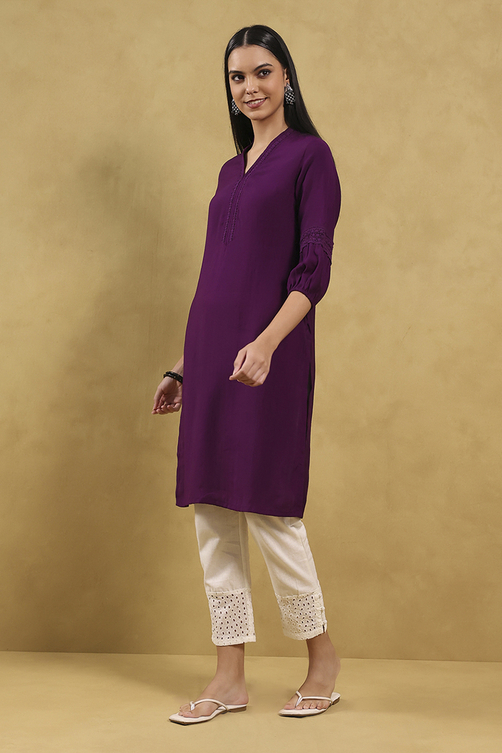 Purple Solid Straight Kurta image number 4
