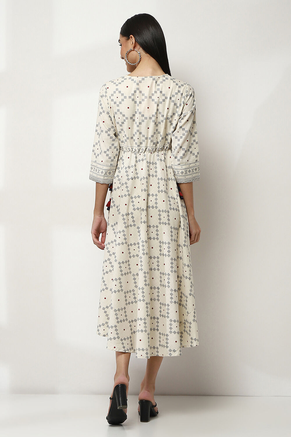 Off-White Cotton Printed Flared Dress image number 3