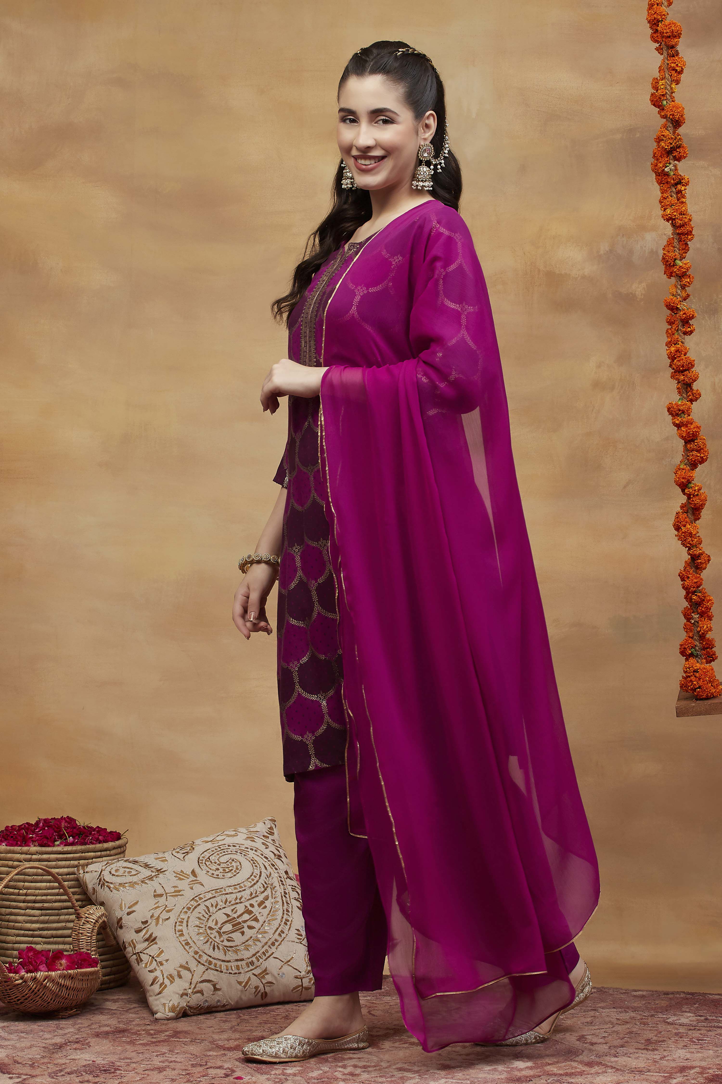 Purple Viscose Rayon Straight Printed Suit Set image number 3