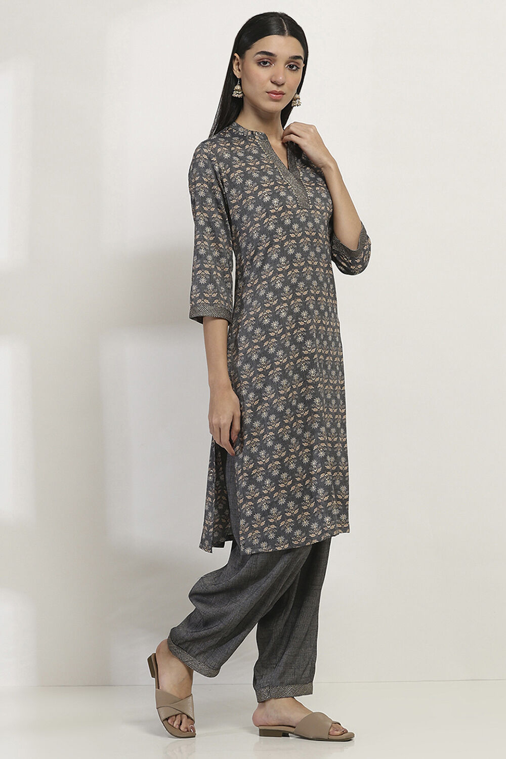 Navy Blue Printed Straight Kurta Set image number 5