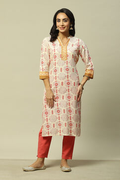 Off White LIVA Straight Printed Kurta image number 0