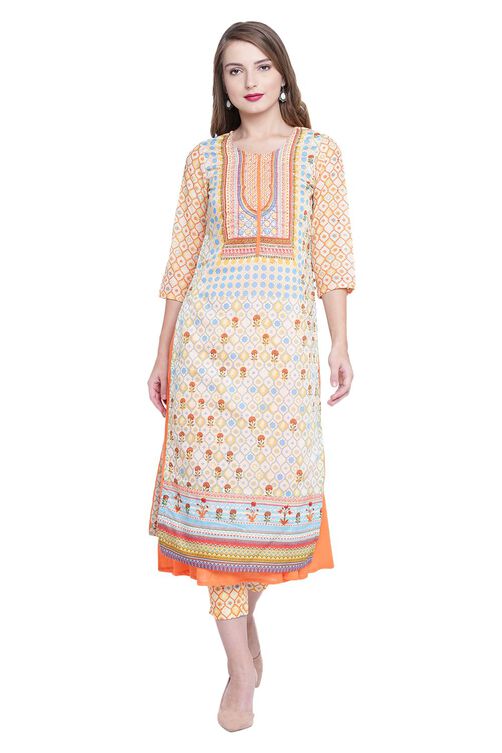 Beige Flared Polyester Kurta image number 0