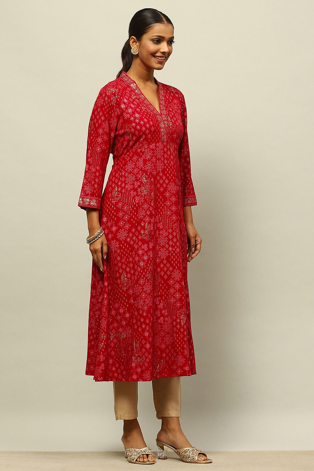Magenta Printed A-line Kurta image number 4