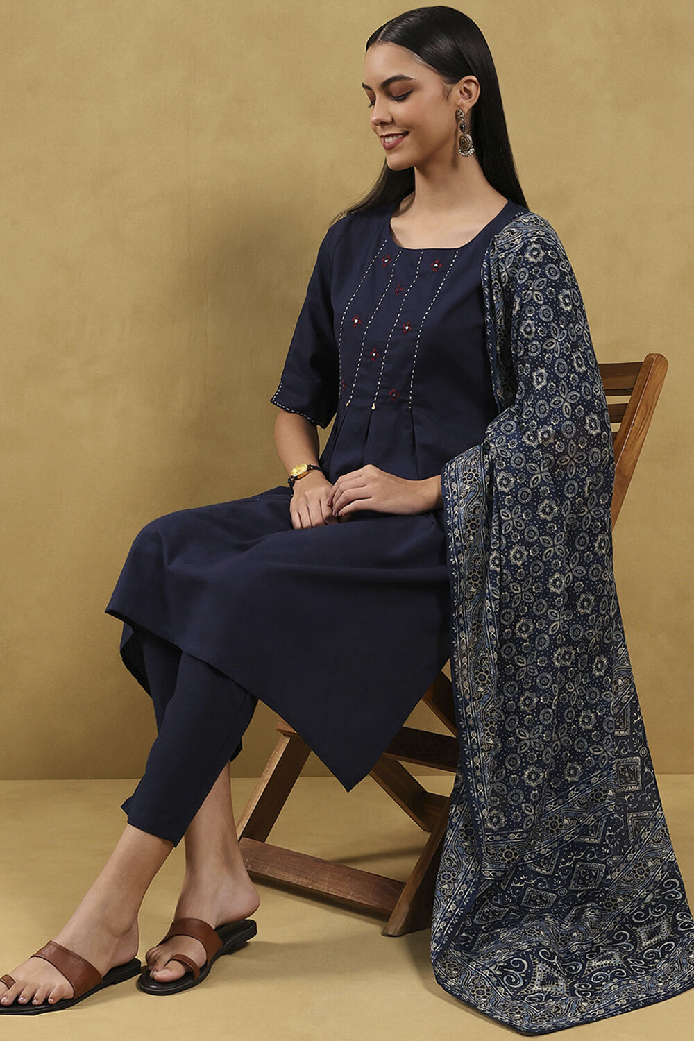 Indigo Blue Cotton Solid Gathered Suit Set image number 0