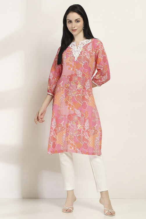 Pink Cotton Straight Kurta image number 5