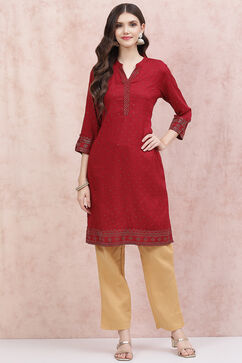 Maroon LIVA Straight Kurta image number 0