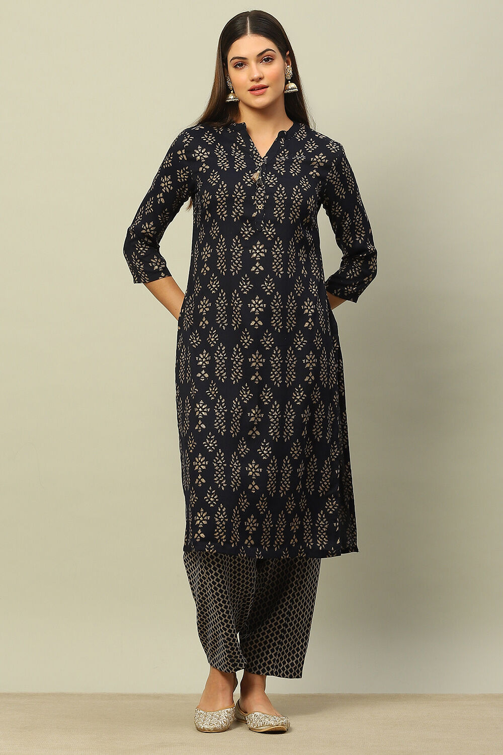 Navy Blue Viscose Blend Straight Printed Kurta Salwar Suit Set image number 0