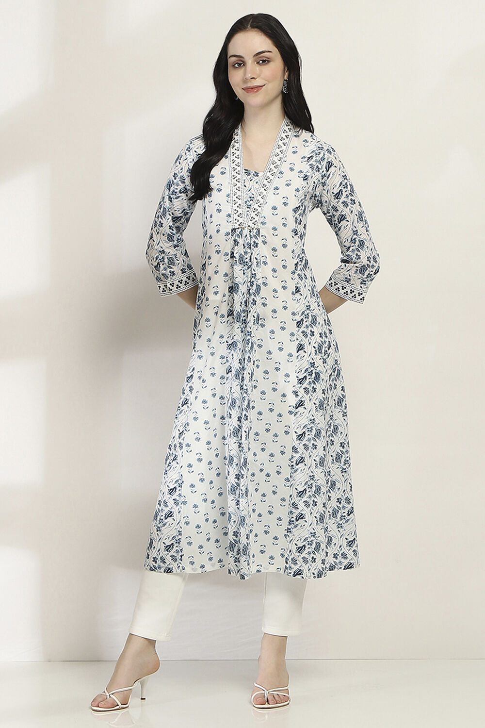 White Cotton Printed A-Line Kurta image number 5