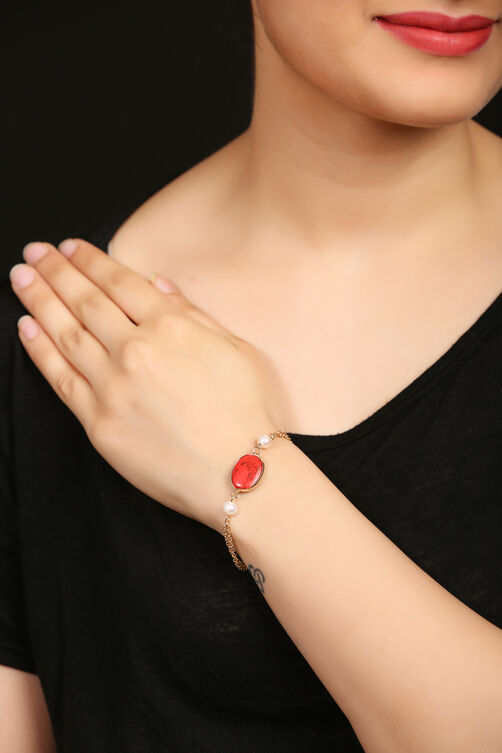 Oval Coral And Pearl With Golden Chain Bracelet image number 0