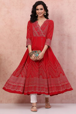 Red LIVA Kalidar Kurta Dress image number 5