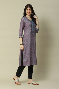 Lavender LIVA Straight Printed Kurta image number 3