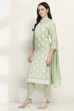 Sage Green Cotton Embroidered Straight Suit Set image number 3