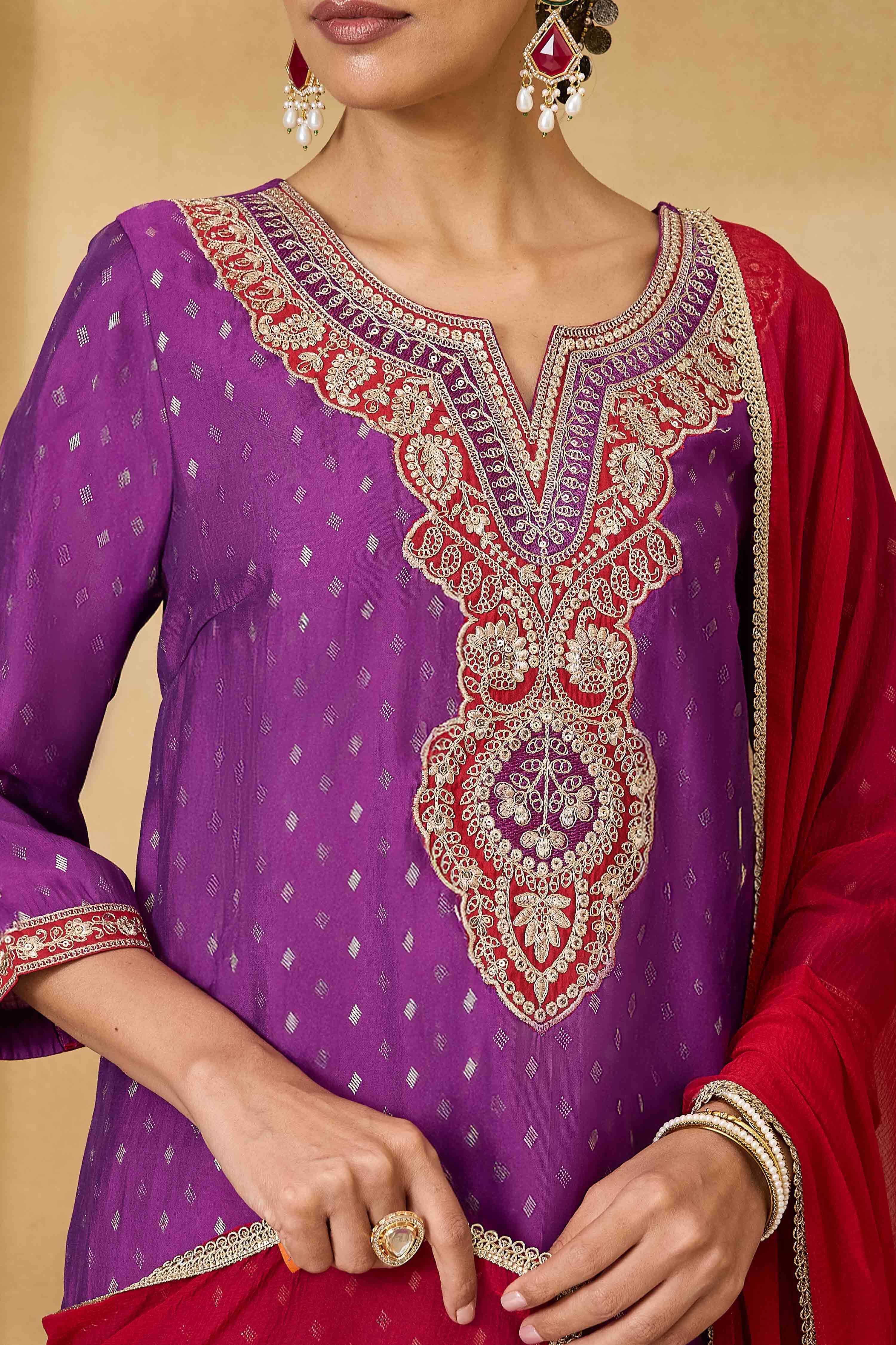 Purple Viscose Blend Straight Printed Suit Set image number 1