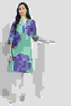 Teal Cotton Floral Straight Kurta image number 0