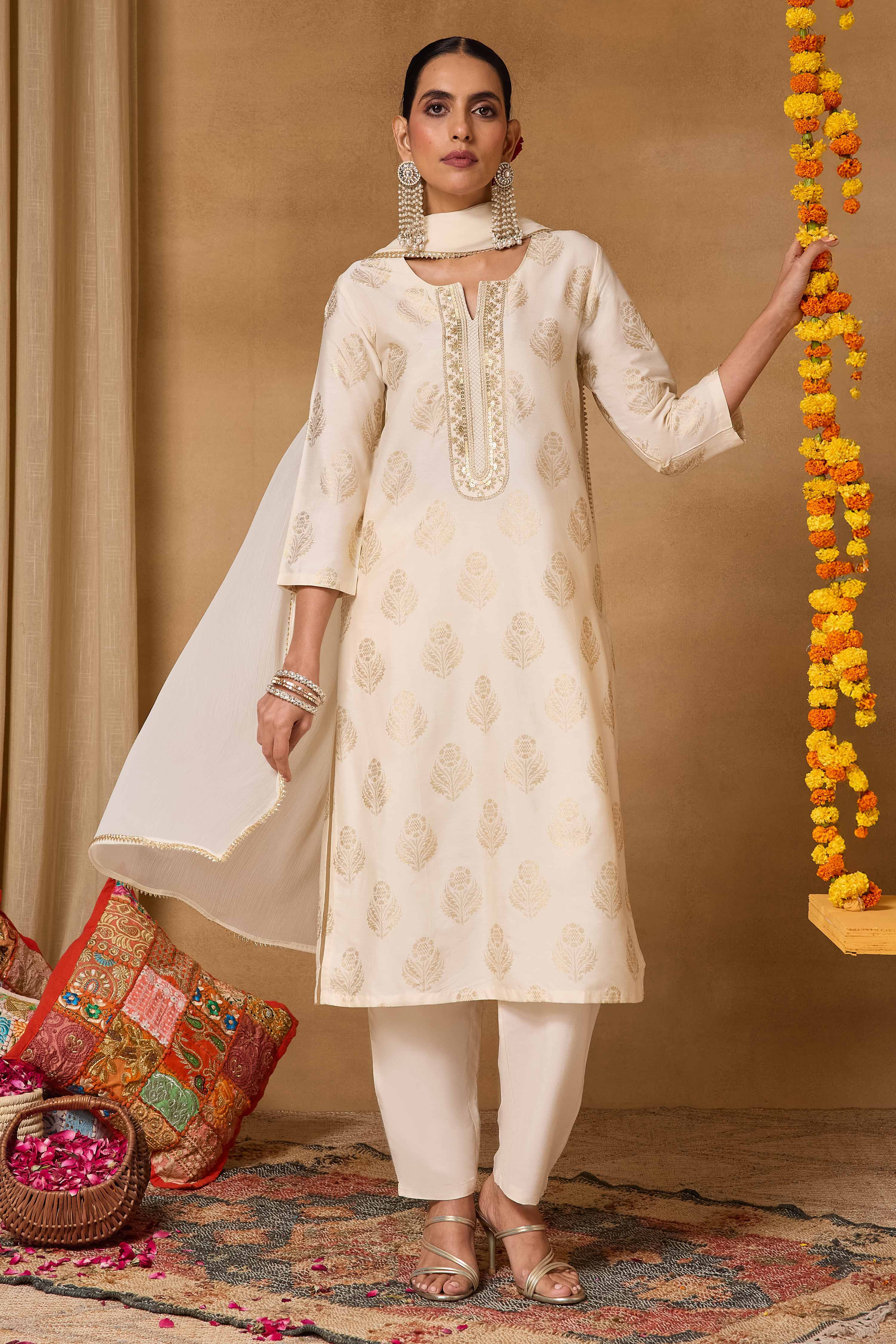 Off White Viscose Blend Straight Printed Suit Set image number 7