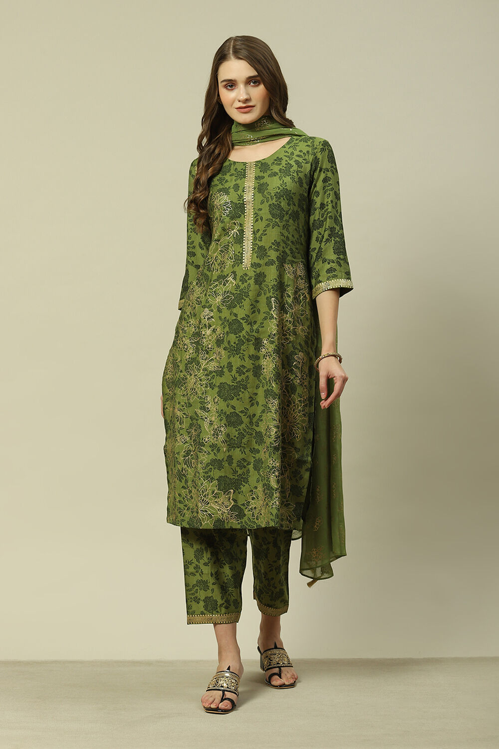 Buy Green LIVA Chiffon Straight Printed Kurta Palazzo Suit Set 3N
