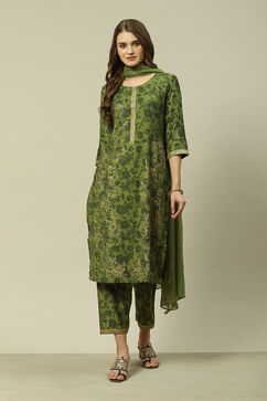 Green LIVA Chiffon Straight Printed Kurta Palazzo Suit Set image number 0