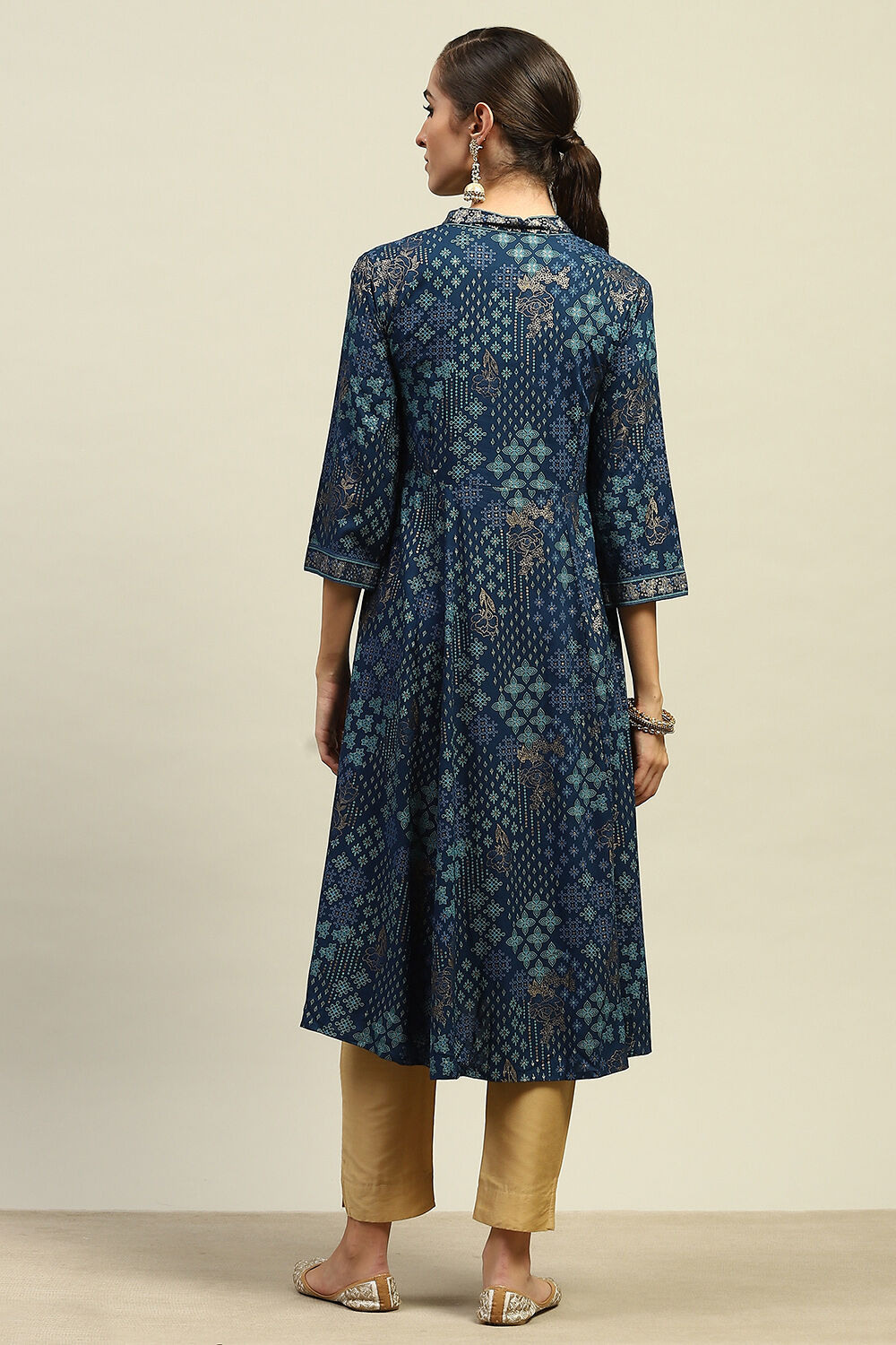 Teal Printed A-line Kurta image number 3