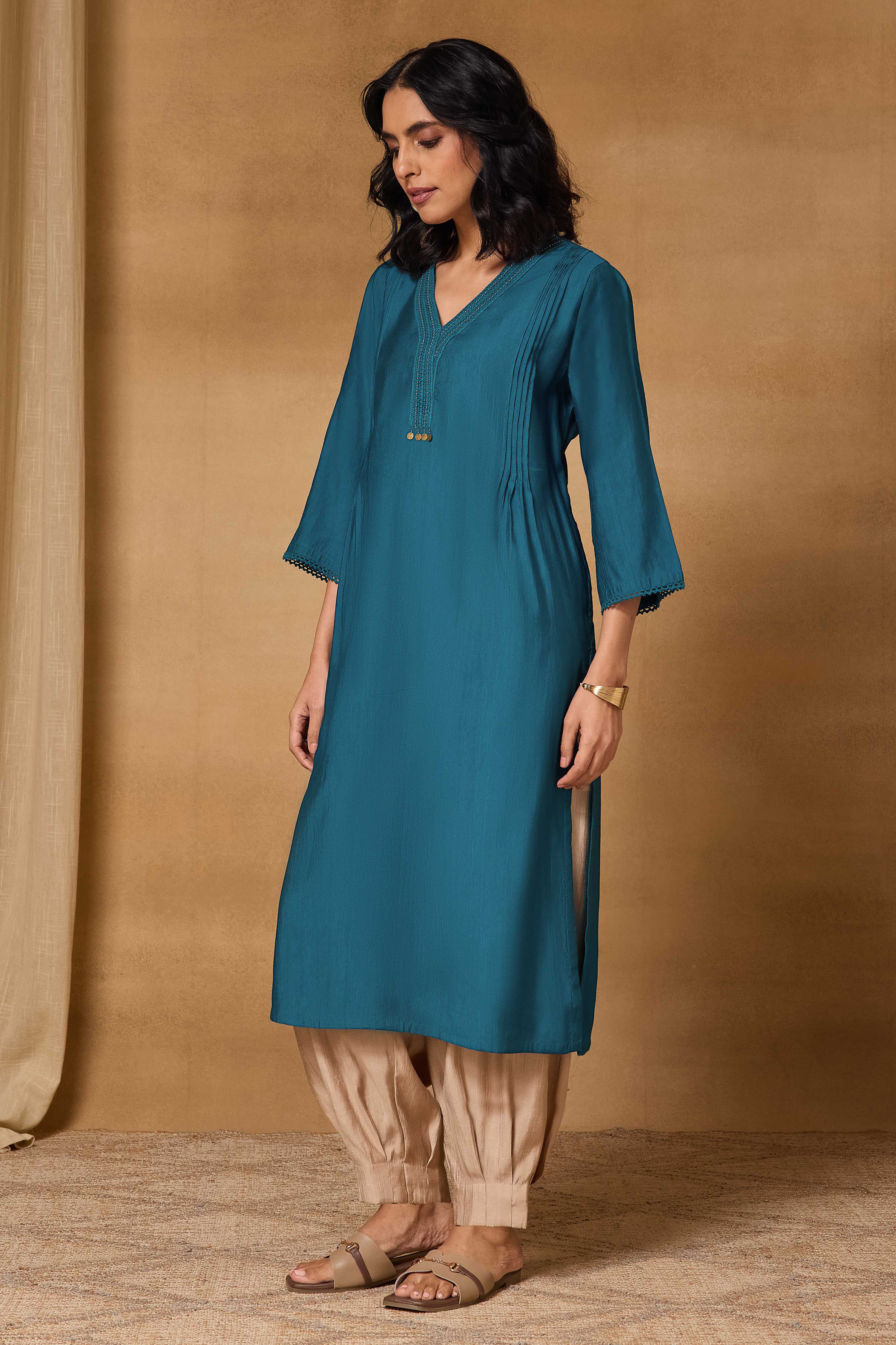 Teal Viscose Blend Straight Solid Kurta image number 2