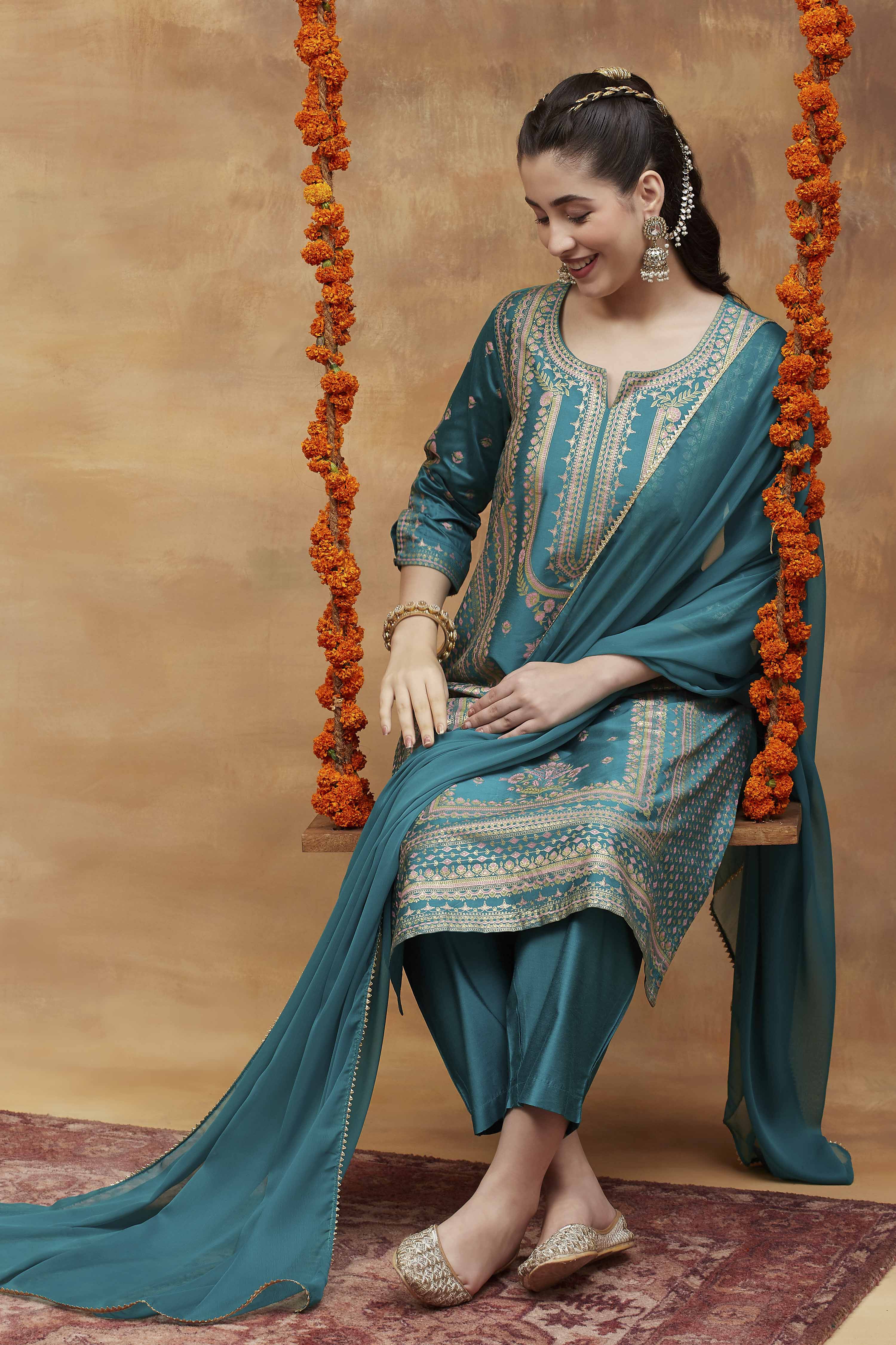 Emerald Green Viscose Blend Straight Printed  image number 0