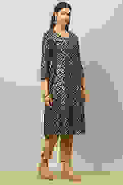 Black Cotton Printed Straight Kurta image number 4