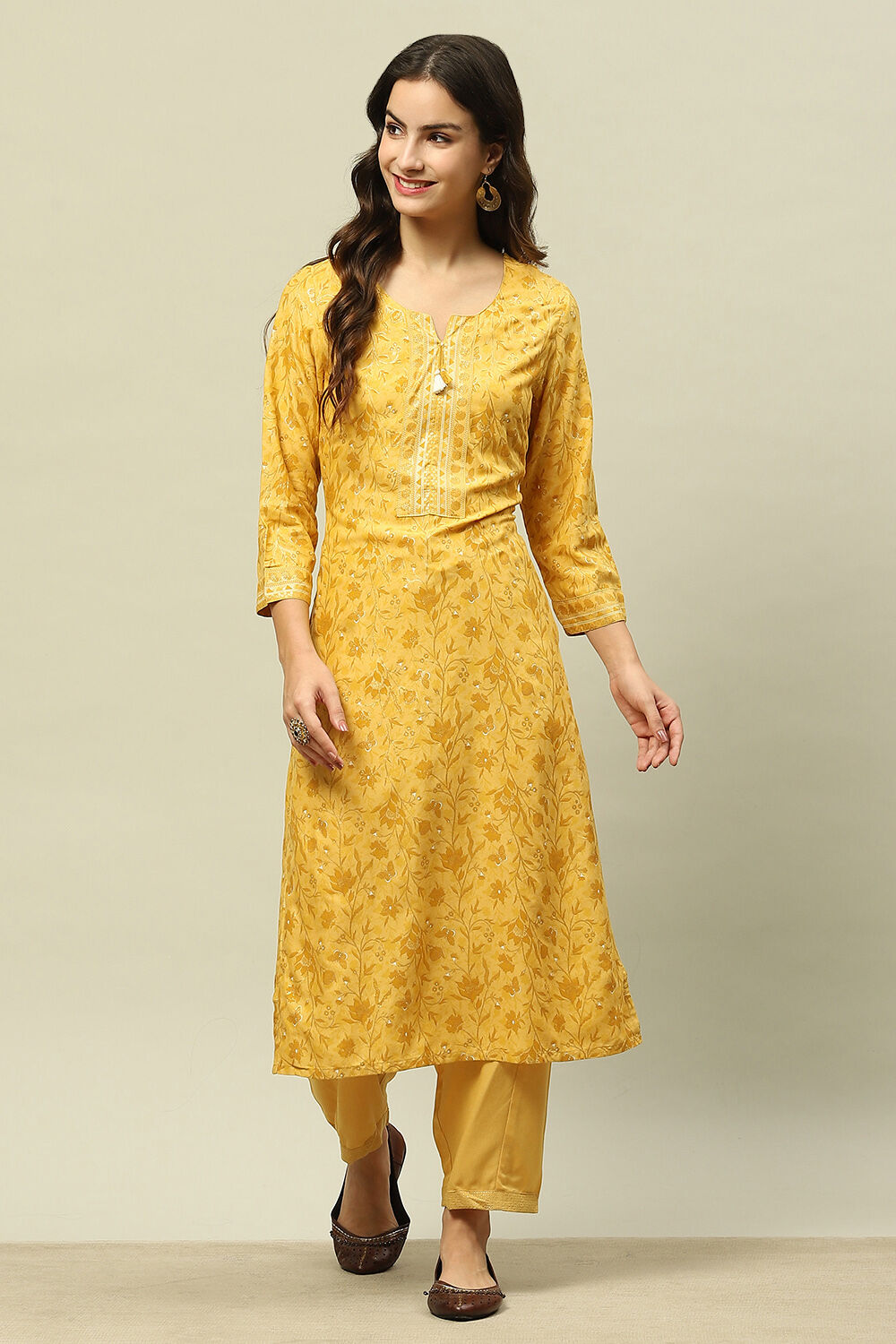 Yellow Rayon Straight Printed Kurta Salwar Suit Set image number 0