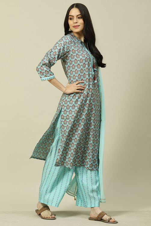 Light Blue Cotton Blend Woven Straight Kurta Suit Set image number 6