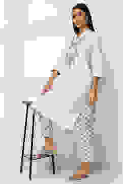 Off-White Cotton Blend Printed Straight Palazzos image number 0