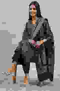 Black Polyester Yarndyed Straight Suit Set image number 0