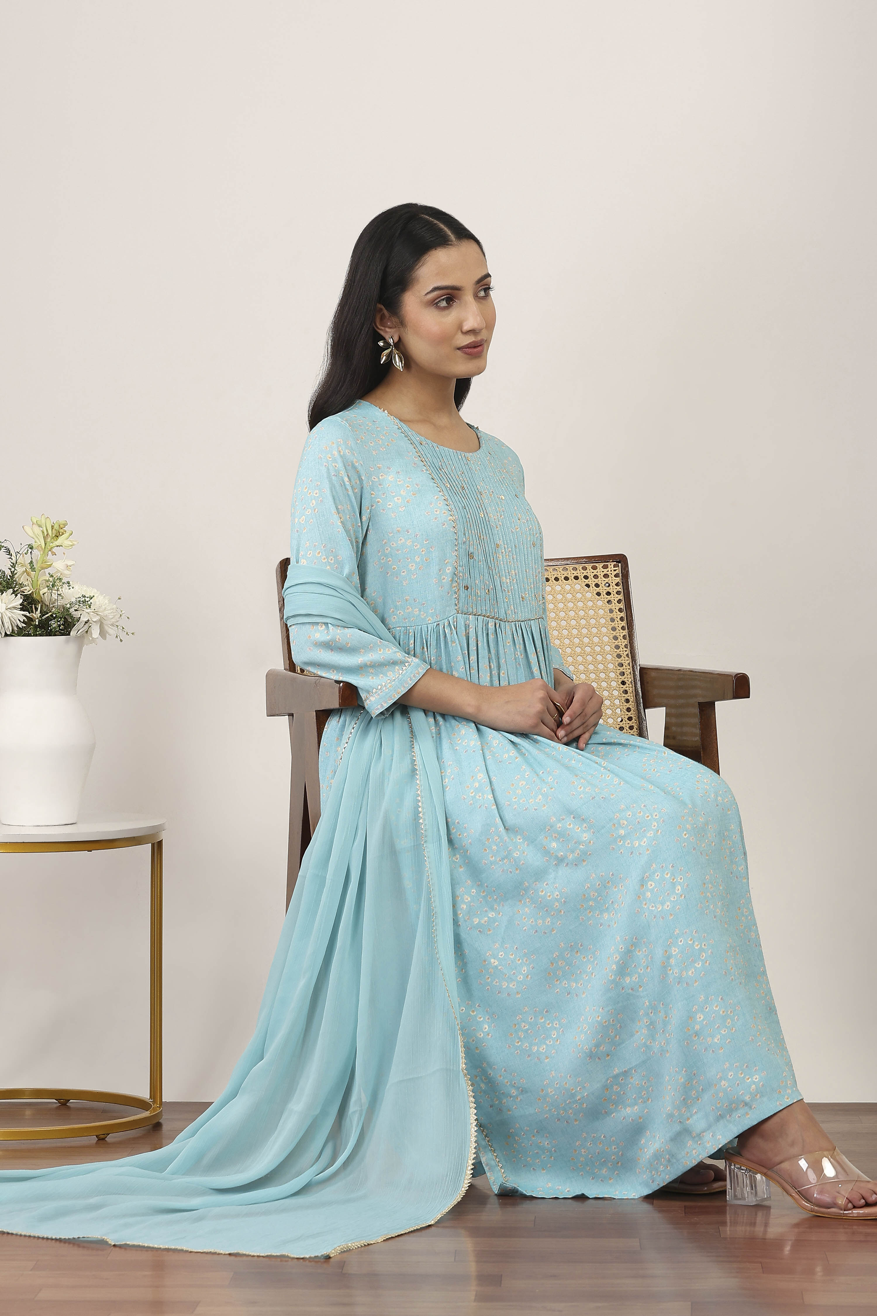 Blue Viscose Polyester Straight Suit Set image number 0