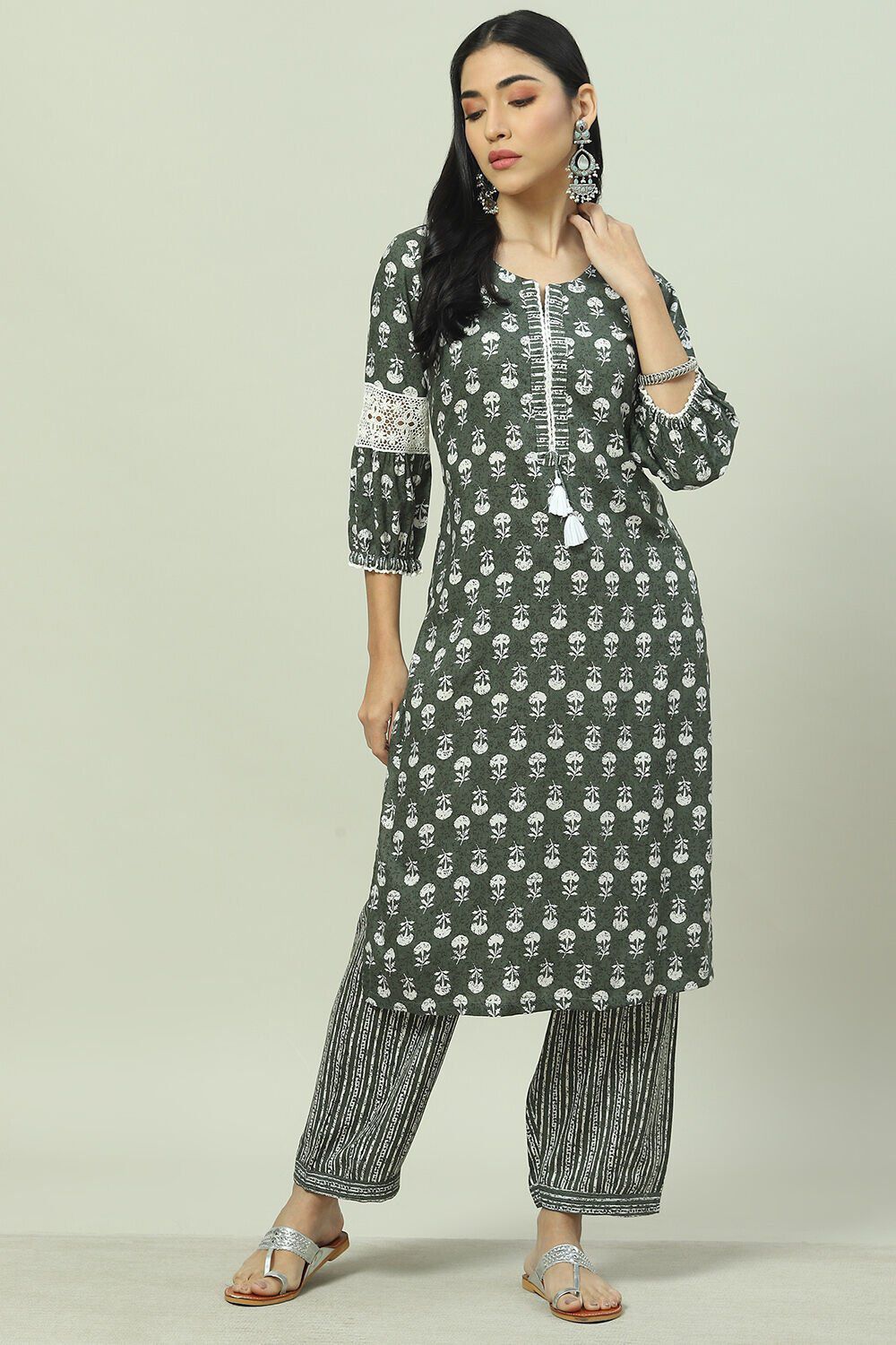 Olive Green Rayon Straight Printed Kurta Palazzo Suit Set image number 0
