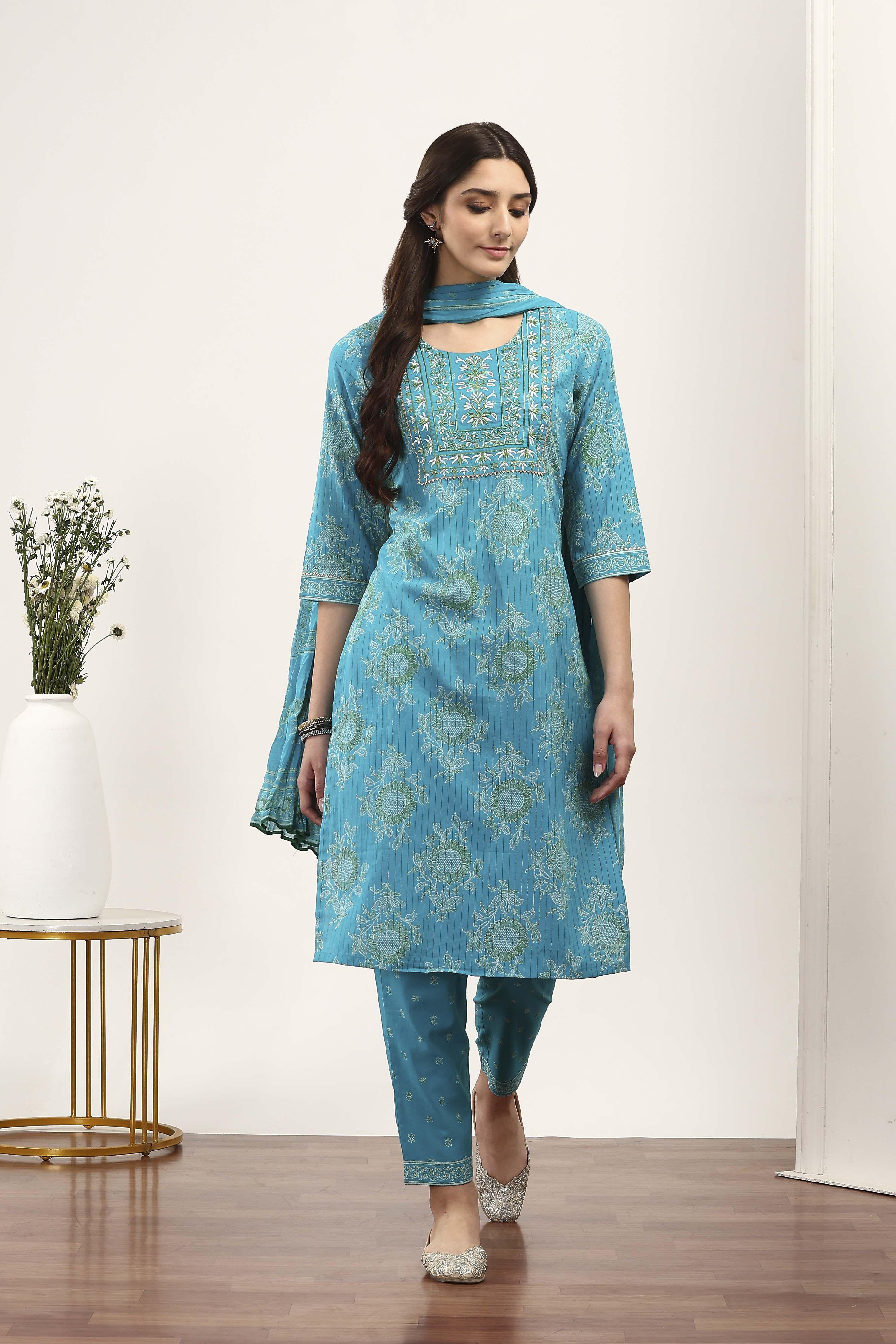 Blue Cotton Straight Suit Sets image number 6