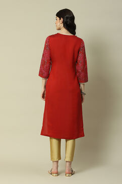 Red LIVA Straight Printed Kurta image number 4