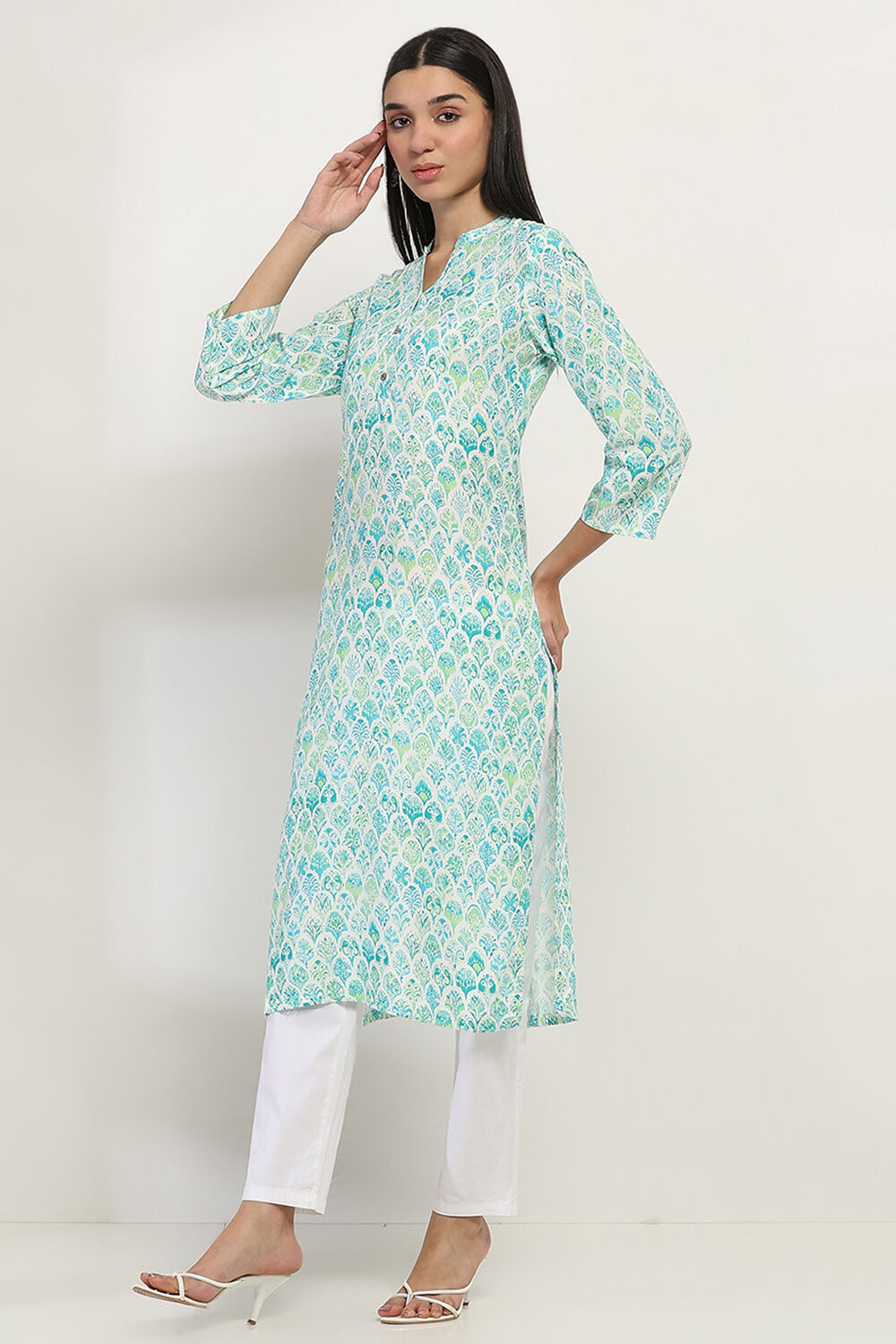 Sea Green Printed Straight Kurta image number 2