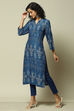 Indigo LIVA Straight Printed Kurta image number 2