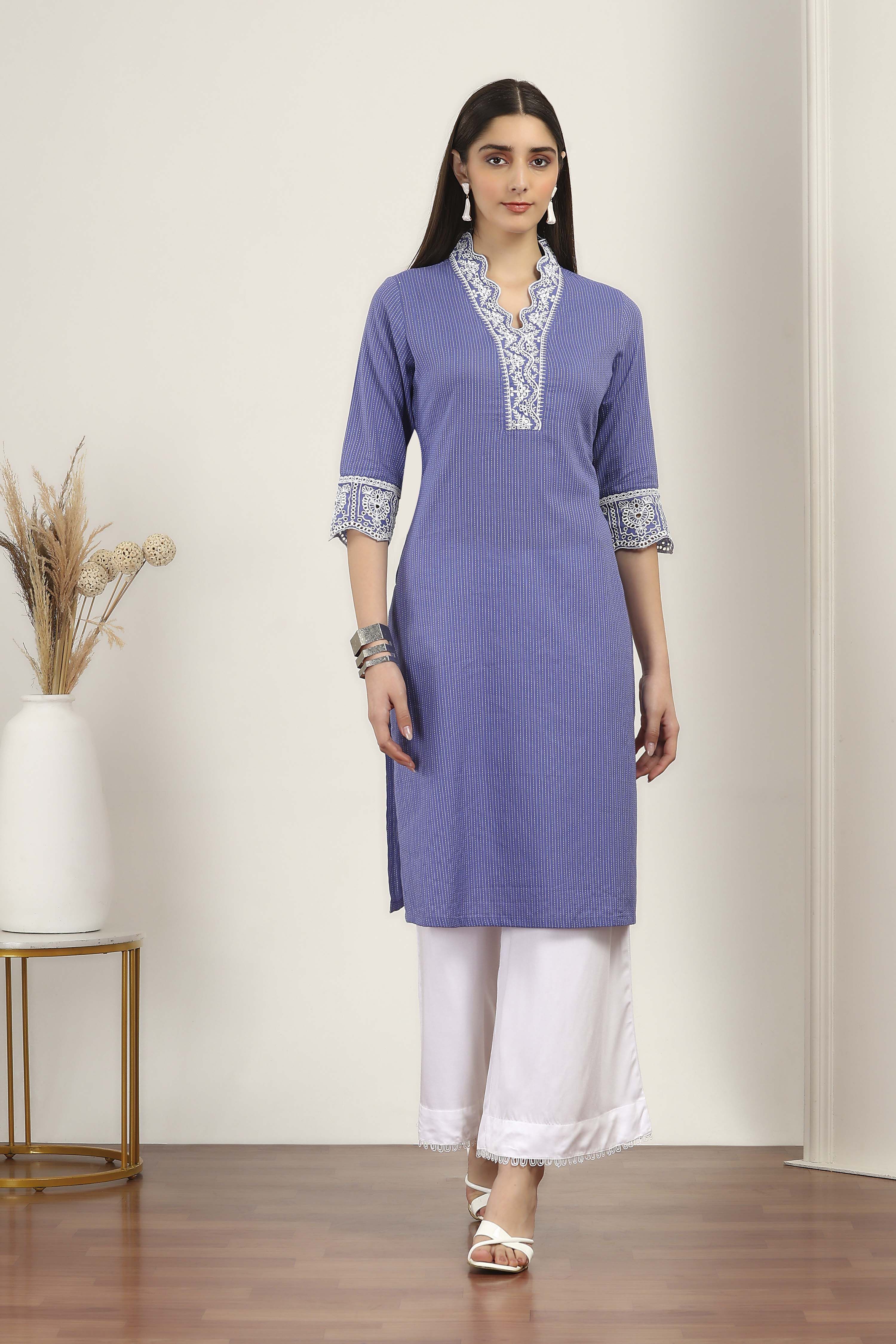Blue Cotton Straight Kurtas image number 5