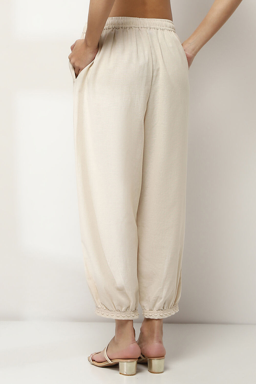 Ivory Cotton Blend Solid Pants image number 4
