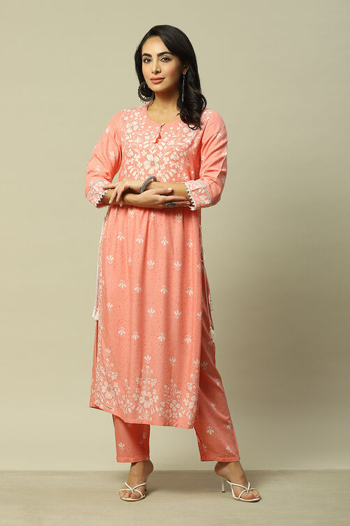 Coral LIVA Straight Printed Kurta Palazzo Suit Set image number 6