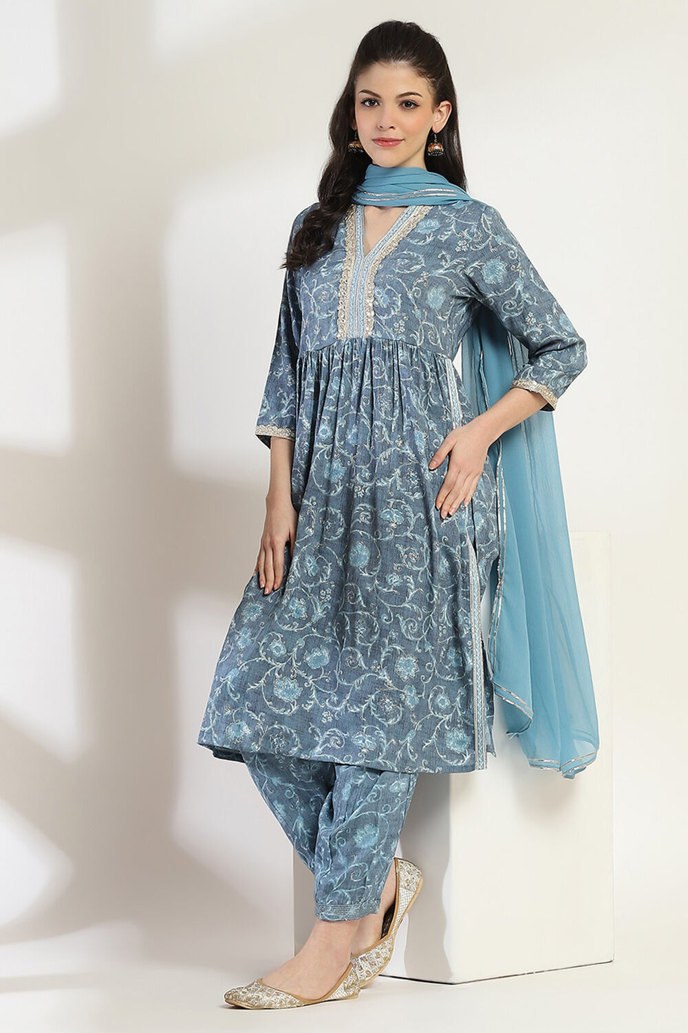 Grey Printed Gathered Suit Set image number 0