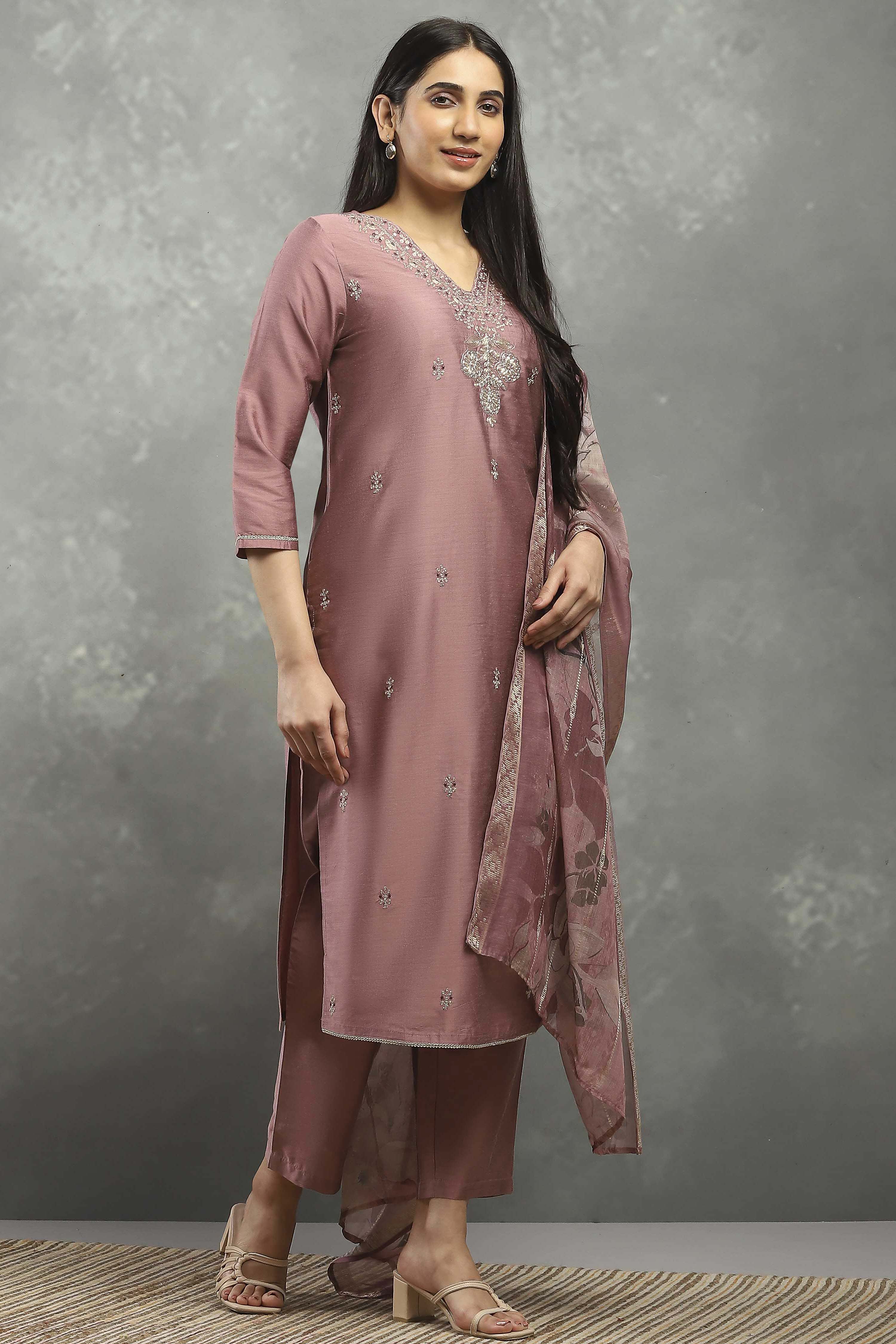 Rose Pink Viscose Blend Solid Straight Kurta Pants Set image number 5