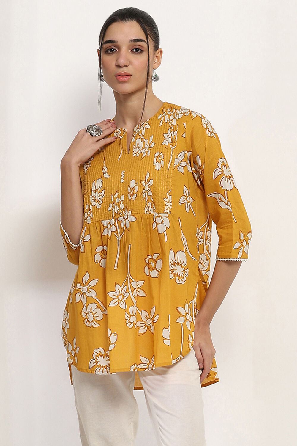 Mustard Yellow Cotton Printed Indie Top image number 5