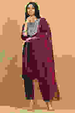 Wine Polyester Blend Solid Straight Suit Set image number 6