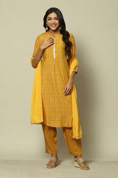 Yellow LIVA Straight Printed Suit Set image number 7