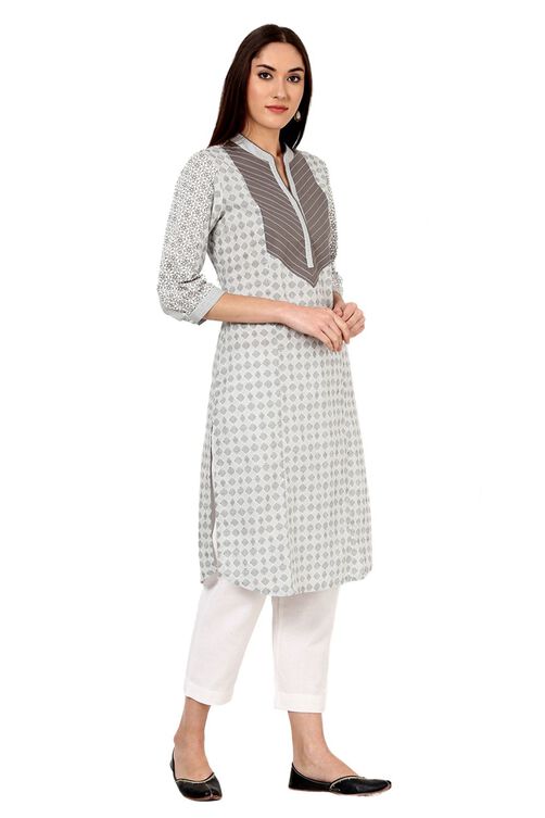 Grey Straight Cotton Kurta image number 3