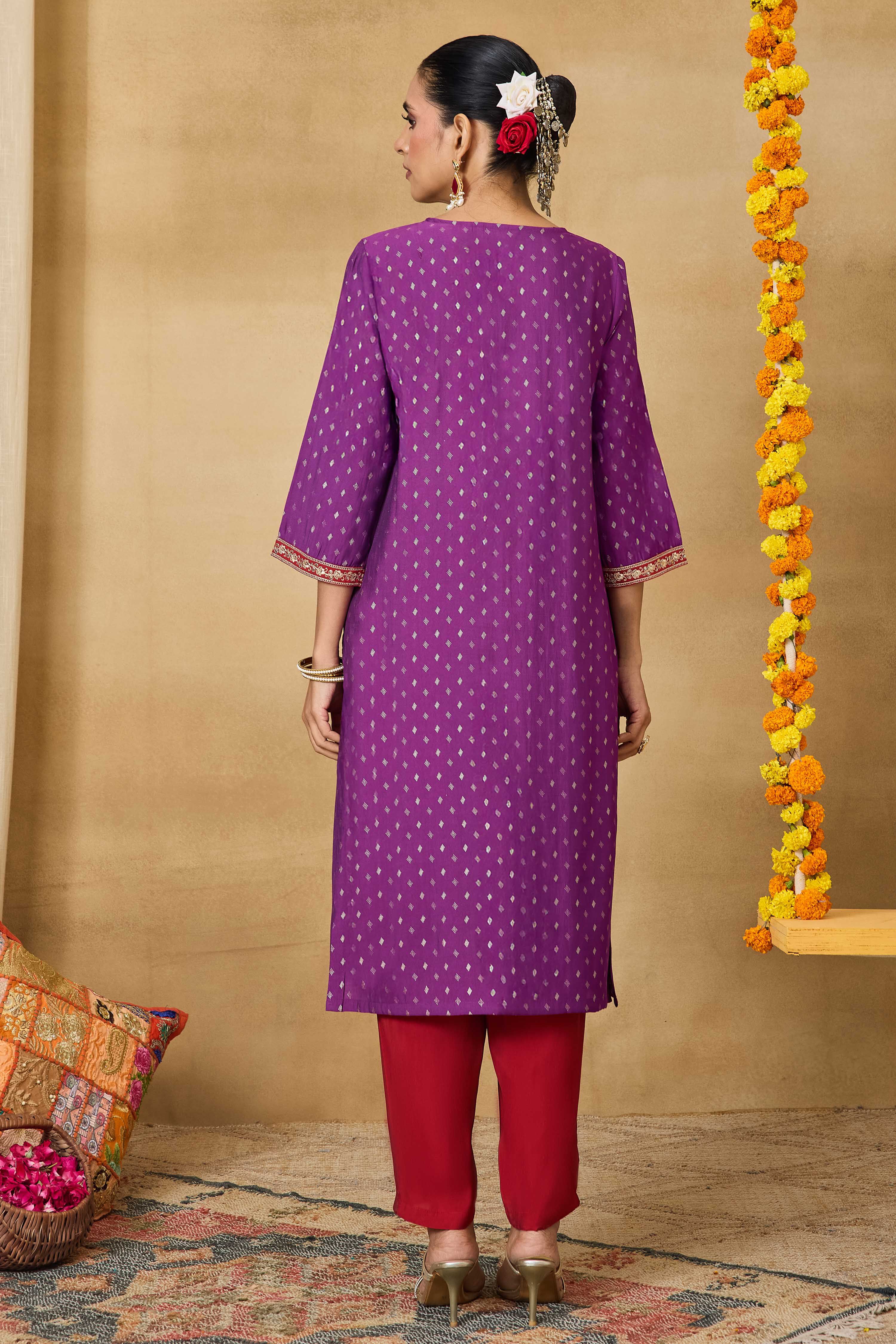 Purple Viscose Blend Straight Printed Suit Set image number 5