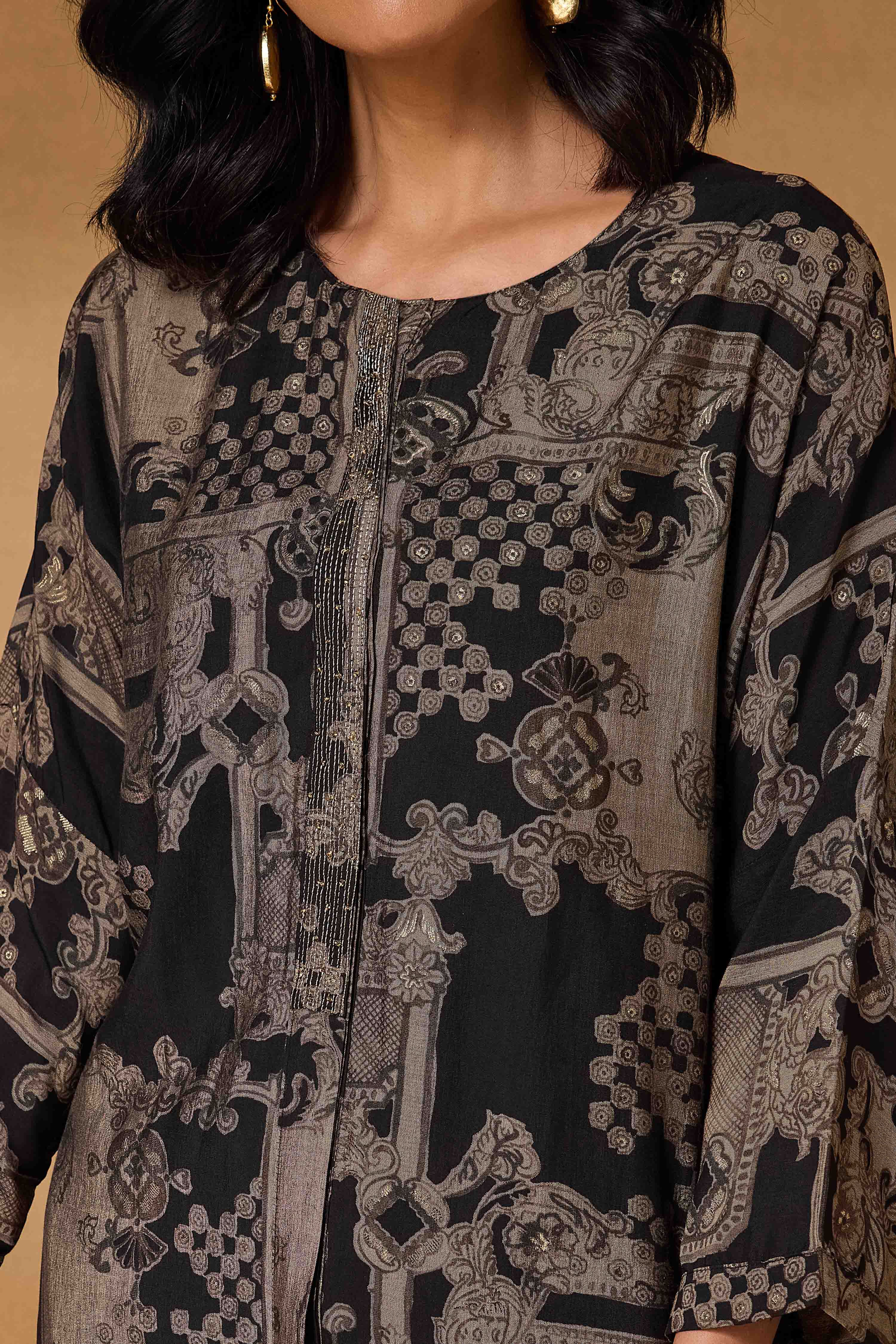 Black Viscose Blend Straight Printed Kurta Pants Set image number 1
