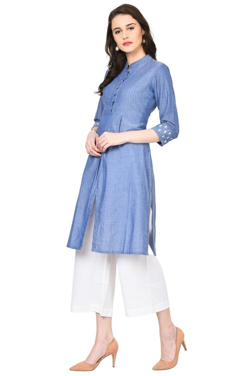 Blue Straight Chambray Kurta image number 3