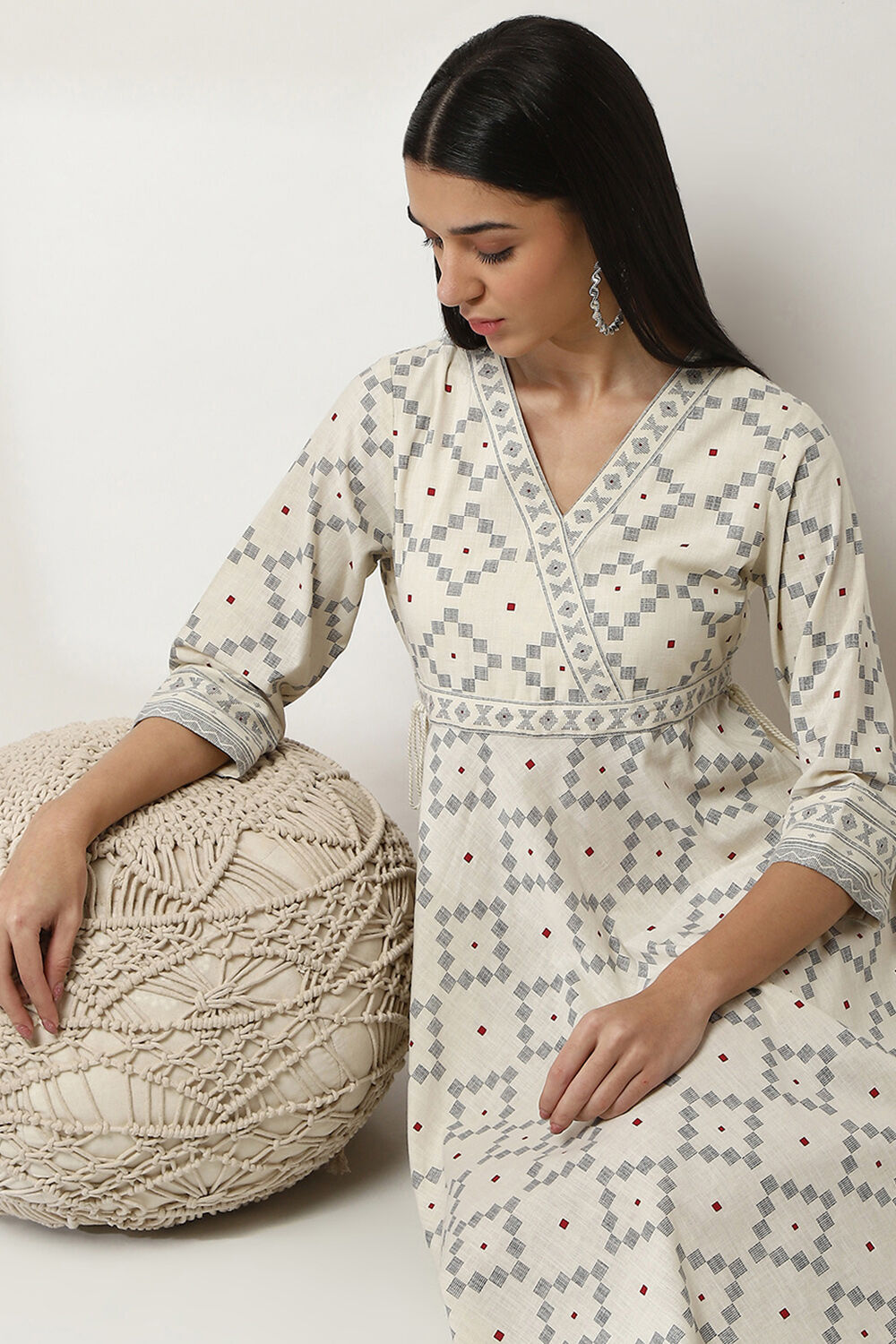 Off-White Cotton Printed Flared Dress image number 0